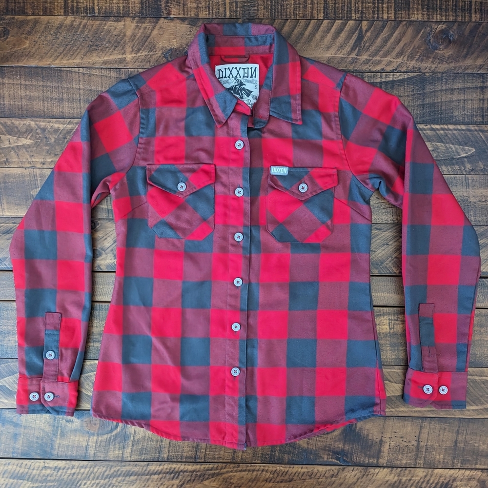 Dixxon Flannel Shirt Women's Small Fifty Fifty 50/50 Red Gray Plaid Long Sleeve